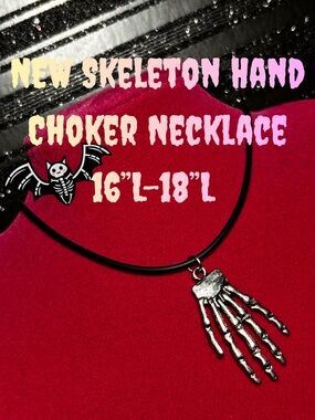 Spooky Sterling Silver Skeleton Hand Black Choker Necklace Black Jewelry gothic